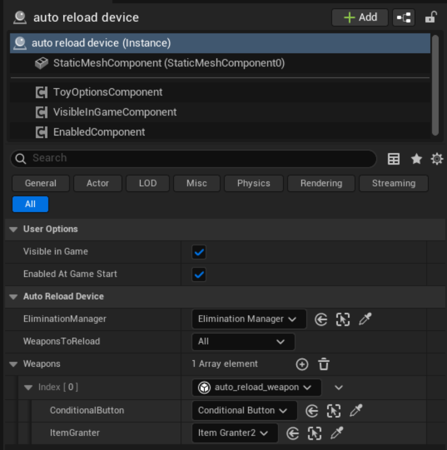Game development interface showing component settings for an 'auto reload device' in a game engine.